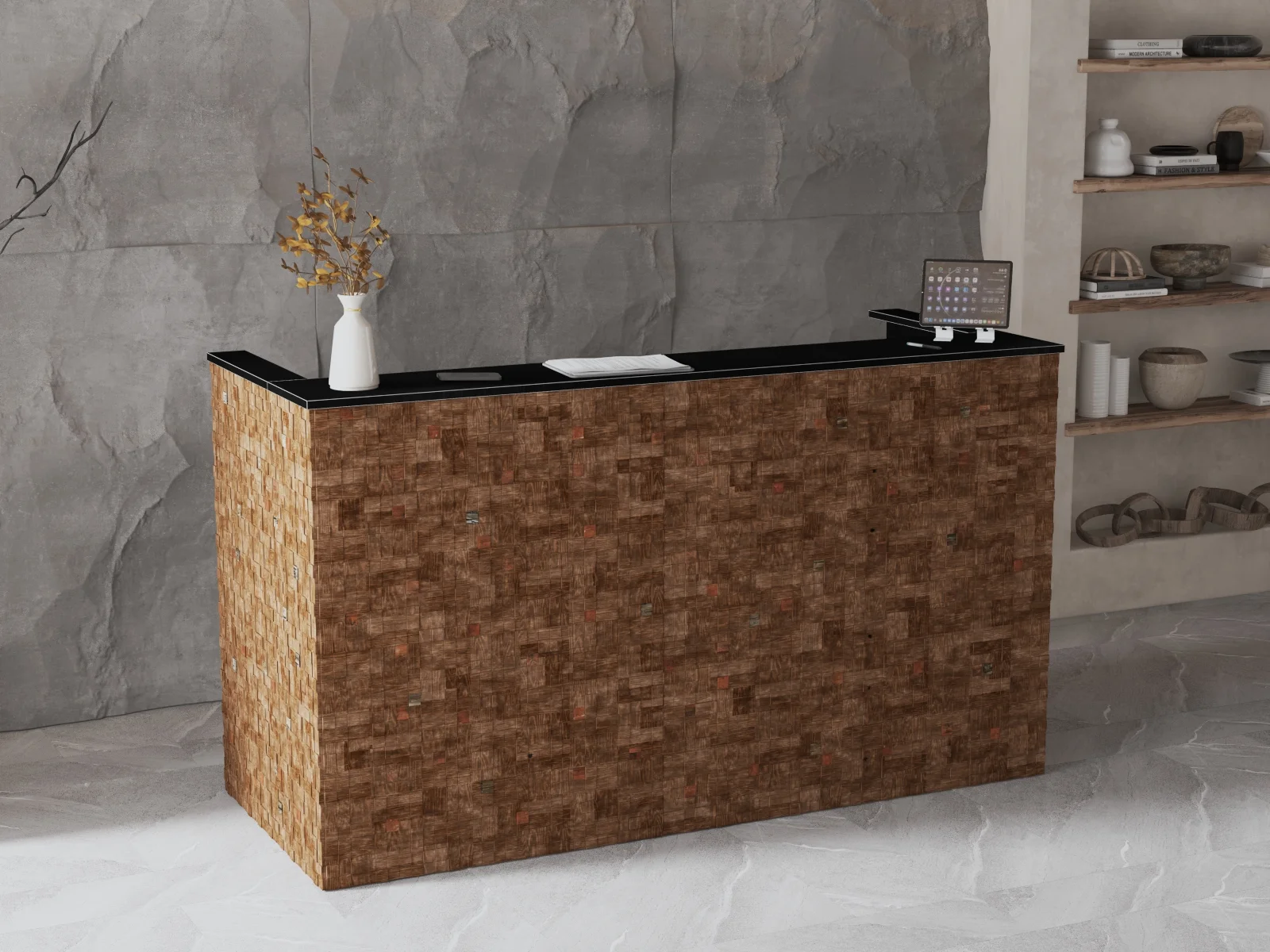 Lada recepcyjna z drewnem